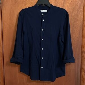 Zara Dark Blue Collared Shirt with White Accents